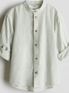 H&M Toddler Green Stripe Linen Blend Button-Up Shirt - Size 2T (92cm)